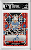 Ladd McConkey from the 2024 Panini Mosaic set featuring a Red parallel graded by Arena Club and given an overall grade of 9.5.