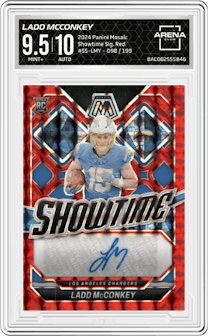 Ladd McConkey from the 2024 Panini Mosaic set featuring a Red parallel and given an overall grade of 9.5.