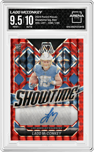 Ladd McConkey from the 2024 Panini Mosaic set featuring a Red parallel graded by Arena Club and given an overall grade of 9.5.