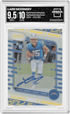 Ladd McConkey from the 2024 Panini Absolute set featuring a Spectrum parallel graded by Arena Club and given an overall grade of 9.5.