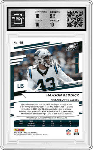 Haason Reddick from the 2022 Panini Prestige set featuring a Blue parallel graded by Arena Club and given an overall grade of 10.