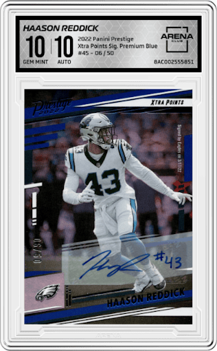 Haason Reddick from the 2022 Panini Prestige set featuring a Blue parallel graded by Arena Club and given an overall grade of 10.