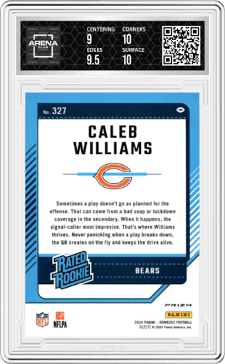 Caleb Williams from the 2024 Donruss set featuring a Red Pandora parallel graded by Arena Club and given an overall grade of 9.5.