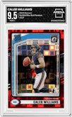 Caleb Williams from the 2024 Donruss set featuring a Red Pandora parallel graded by Arena Club and given an overall grade of 9.5.