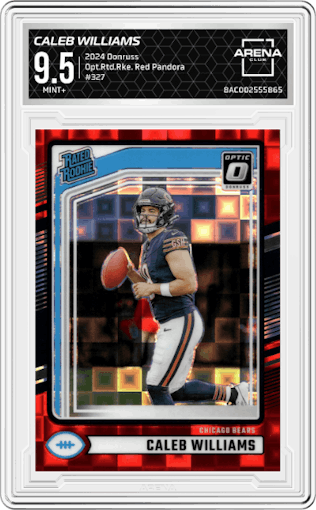 Caleb Williams from the 2024 Donruss set featuring a Red Pandora parallel graded by Arena Club and given an overall grade of 9.5.