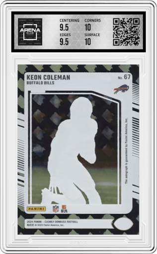 Keon Coleman from the 2024 Clearly Donruss set featuring a RR Logo parallel graded by Arena Club and given an overall grade of 10.