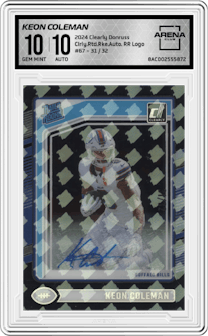 Keon Coleman from the 2024 Clearly Donruss set featuring a RR Logo parallel graded by Arena Club and given an overall grade of 10.