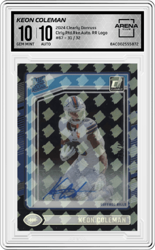 Keon Coleman from the 2024 Clearly Donruss set featuring a RR Logo parallel graded by Arena Club and given an overall grade of 10.