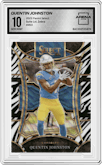 Quentin Johnston from the 2023 Panini Select set featuring a Zebra parallel graded by Arena Club and given an overall grade of 10.