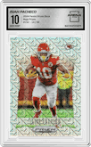 Isiah Pacheco from the 2024 Panini Prizm Deca set featuring a Mojo Prizm parallel graded by Arena Club and given an overall grade of 10.