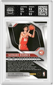 Zaccharie Risacher from the 2024-25 Panini Prizm set featuring a Silver Prizm parallel graded by Arena Club and given an overall grade of 9.5.