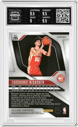 Zaccharie Risacher from the 2024-25 Panini Prizm set featuring a Silver Prizm parallel graded by Arena Club and given an overall grade of 9.5.