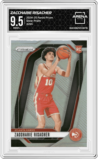 Zaccharie Risacher from the 2024-25 Panini Prizm set featuring a Silver Prizm parallel graded by Arena Club and given an overall grade of 9.5.