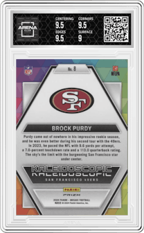 Brock Purdy from the 2024 Panini Mosaic set graded by Arena Club and given an overall grade of 9.5.