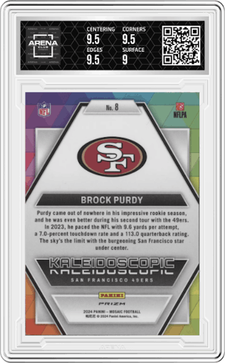 Brock Purdy from the 2024 Panini Mosaic set graded by Arena Club and given an overall grade of 9.5.