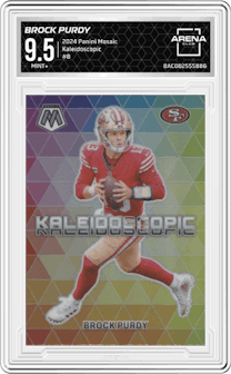 Brock Purdy from the 2024 Panini Mosaic set graded by Arena Club and given an overall grade of 9.5.