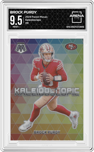 Brock Purdy from the 2024 Panini Mosaic set graded by Arena Club and given an overall grade of 9.5.