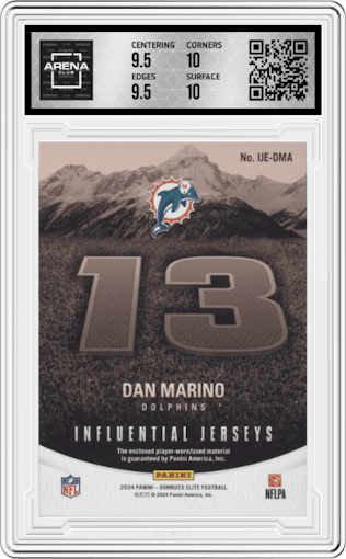 Dan Marino from the 2024 Panini Donruss Elite set graded by Arena Club and given an overall grade of 10.