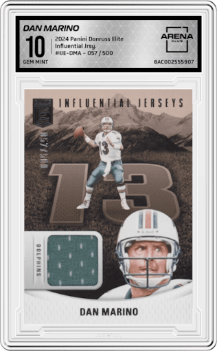 Dan Marino from the 2024 Panini Donruss Elite set graded by Arena Club and given an overall grade of 10.