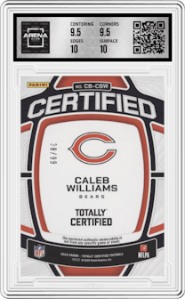 Caleb Williams from the 2024 Panini Totally Certified set featuring a Mirror Red parallel and given an overall grade of 10.