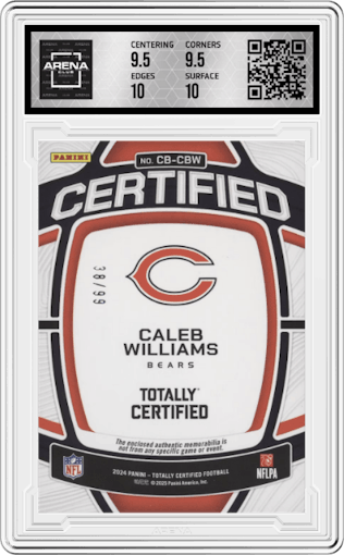 Caleb Williams from the 2024 Panini Totally Certified set featuring a Mirror Red parallel graded by Arena Club and given an overall grade of 10.