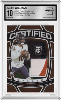 Caleb Williams from the 2024 Panini Totally Certified set featuring a Mirror Red parallel and given an overall grade of 10.