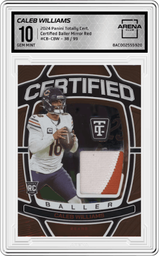Caleb Williams from the 2024 Panini Totally Certified set featuring a Mirror Red parallel graded by Arena Club and given an overall grade of 10.