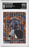 Lamar Jackson from the 2023 Panini Spectra set featuring a Neon Orange parallel graded by Arena Club and given an overall grade of 9.