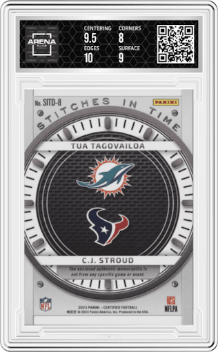 Tua Tagovailoa/C.J. Stroud from the 2023 Panini Certified set featuring a Mirror Etch Pink parallel graded by Arena Club and given an overall grade of 8.5.