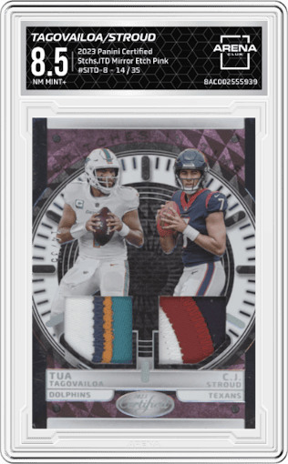 Tua Tagovailoa/C.J. Stroud from the 2023 Panini Certified set featuring a Mirror Etch Pink parallel graded by Arena Club and given an overall grade of 8.5.