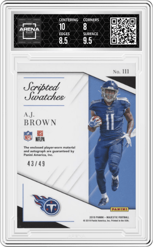 A.J. Brown from the 2019 Panini Majestic set featuring a Gold  parallel graded by Arena Club and given an overall grade of 8.5.