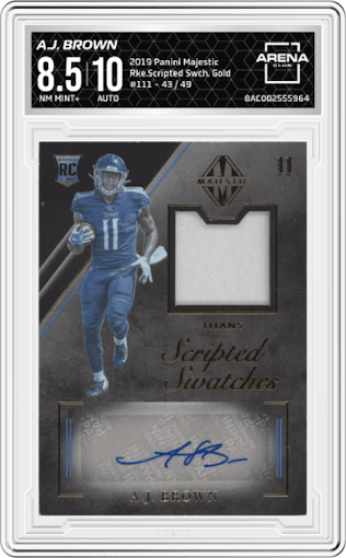 A.J. Brown from the 2019 Panini Majestic set featuring a Gold  parallel graded by Arena Club and given an overall grade of 8.5.