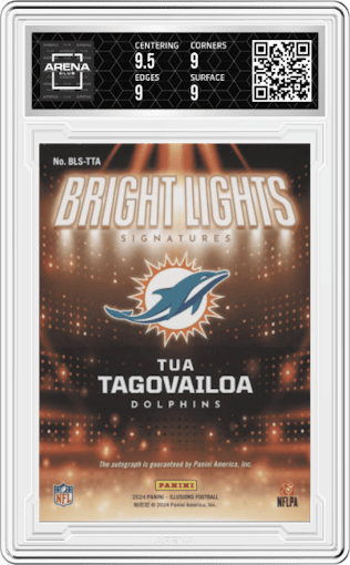 Tua Tagovailoa from the 2024 Panini Illusions set featuring a Gold parallel graded by Arena Club and given an overall grade of 9.