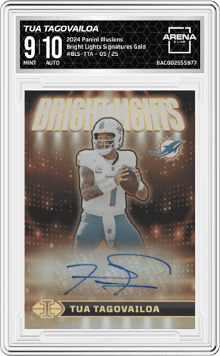 Tua Tagovailoa from the 2024 Panini Illusions set featuring a Gold parallel graded by Arena Club and given an overall grade of 9.