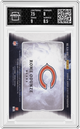 Rome Odunze from the 2024 Panini Origins set graded by Arena Club and given an overall grade of 8.