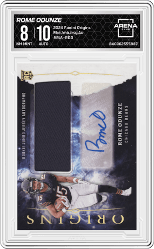 Rome Odunze from the 2024 Panini Origins set graded by Arena Club and given an overall grade of 8.