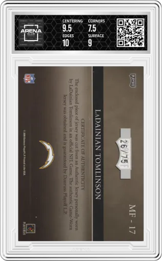 LaDainian Tomlinson  from the 2006 Playoff Absolute Memorabilia set graded by Arena Club and given an overall grade of 8.