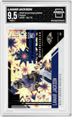 Lamar Jackson from the 2018 Panini Unparalleled set featuring a Impact parallel graded by Arena Club and given an overall grade of 9.5.