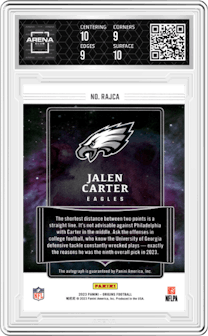 Jalen Carter from the 2023 Panini Origins set graded by Arena Club and given an overall grade of 9.5.