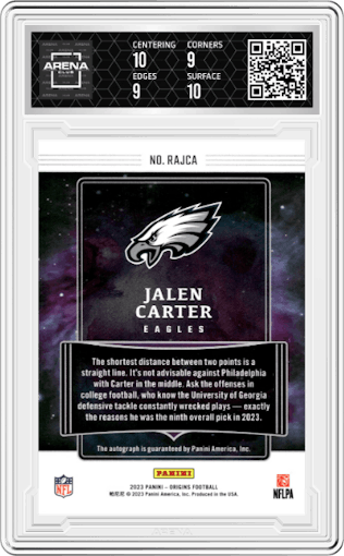 Jalen Carter from the 2023 Panini Origins set graded by Arena Club and given an overall grade of 9.5.