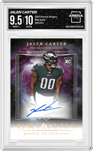 Jalen Carter from the 2023 Panini Origins set graded by Arena Club and given an overall grade of 9.5.