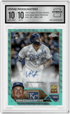 Vinnie Pasquantino from the 2023 Topps Chrome Update set featuring a Aqua Wave Refractor parallel graded by Arena Club and given an overall grade of 10.