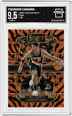 Toumani Camara from the 2023-24 Panini Select  set featuring a Tiger parallel graded by Arena Club and given an overall grade of 9.5.