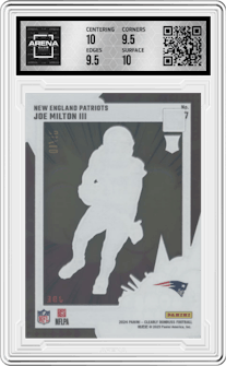Joe Milton III from the 2024 Clearly Donruss set featuring a Gold parallel graded by Arena Club and given an overall grade of 10.