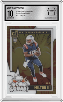 Joe Milton III from the 2024 Clearly Donruss set featuring a Gold parallel graded by Arena Club and given an overall grade of 10.