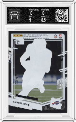 Dalton Kincaid from the 2023 Clearly Donruss set graded by Arena Club and given an overall grade of 9.