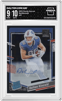 Dalton Kincaid from the 2023 Clearly Donruss set graded by Arena Club and given an overall grade of 9.