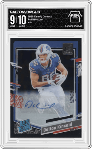 Dalton Kincaid from the 2023 Clearly Donruss set graded by Arena Club and given an overall grade of 9.