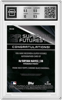 Ke'Bryan Hayes from the 2022 Topps Chrome Black set featuring a Gold Refractor parallel graded by Arena Club and given an overall grade of 10.