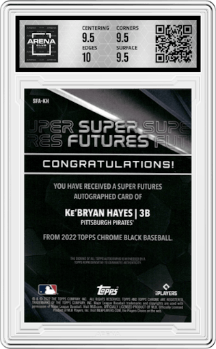 Ke'Bryan Hayes from the 2022 Topps Chrome Black set featuring a Gold Refractor parallel graded by Arena Club and given an overall grade of 10.